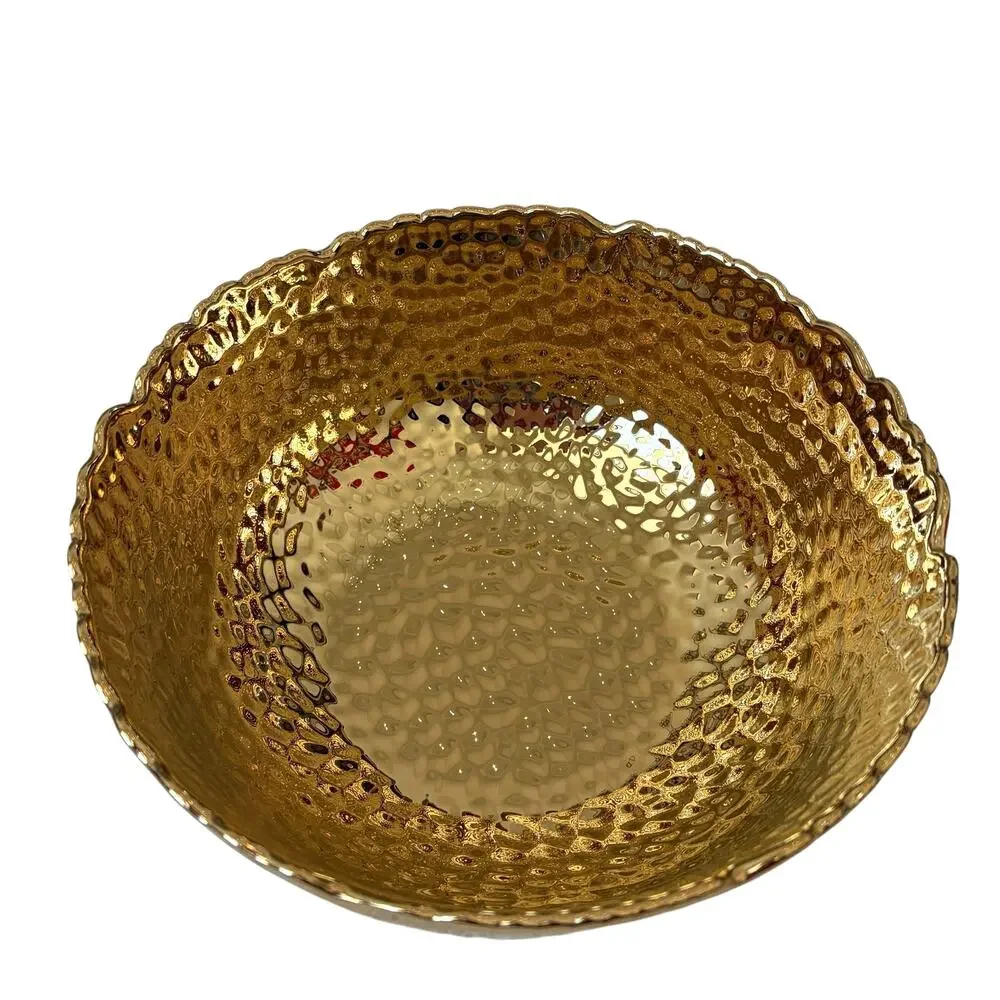 Hammered Gold Enameled Serving Bowl 8.5in Ceramic Chic Holiday Hosting NEW